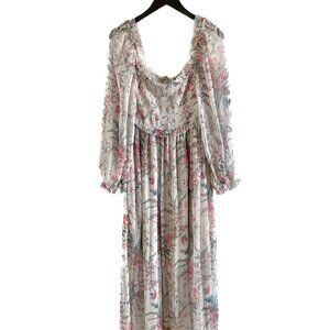 Zimmermann Ivory Floral Print Gathered Maxi Silk Dress